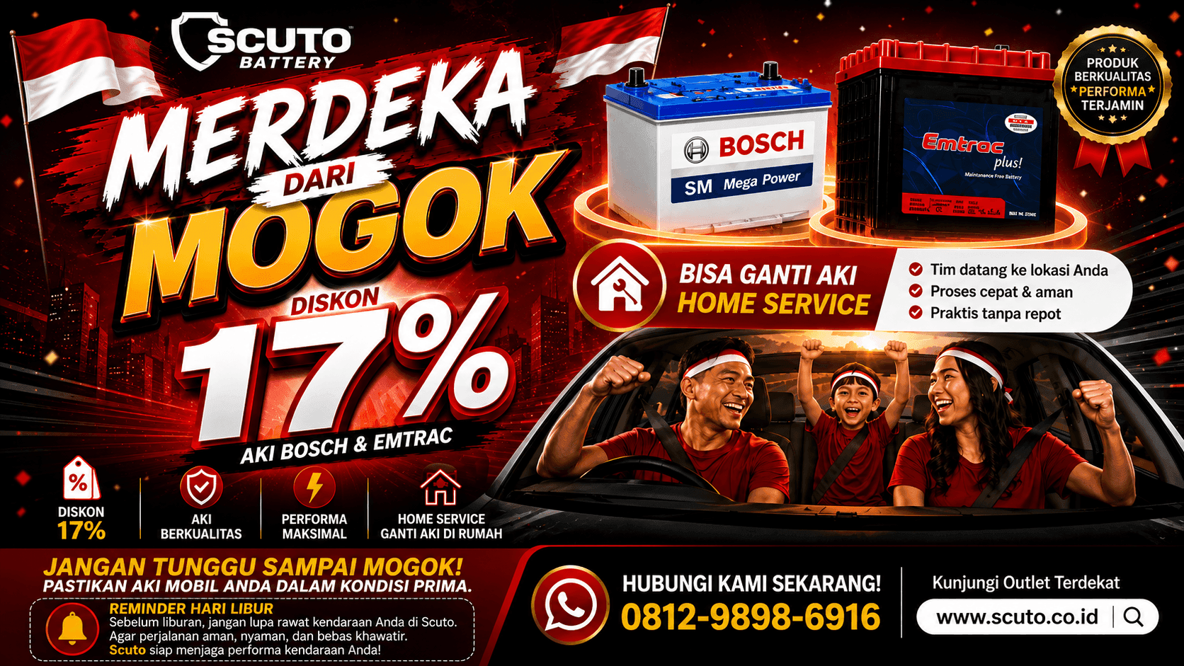MERDEKA DARI MOGOK! Dapatkan Diskon 17 Persen Aki Bosch & Emtrac di Outlet Scuto